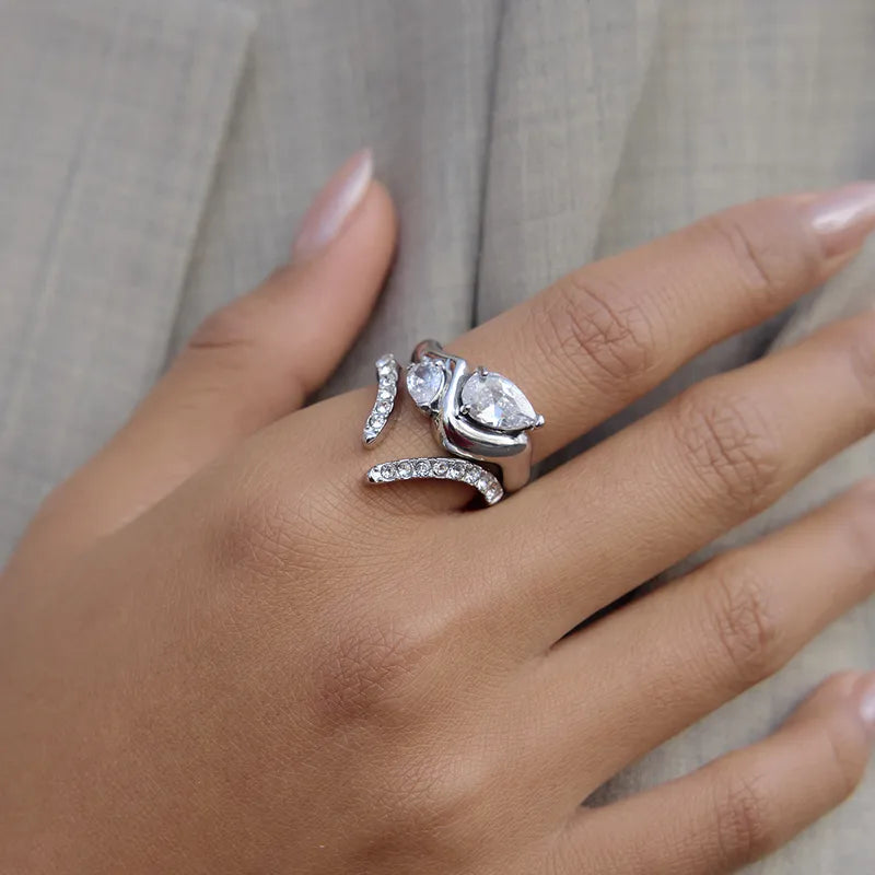 Tarnish-Free Stainless Steel Open Cuff Teardrop Zircon Ring
