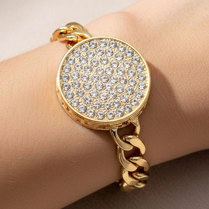 Rhinestone Embellished Circle Pendant Metal Link Bracelet