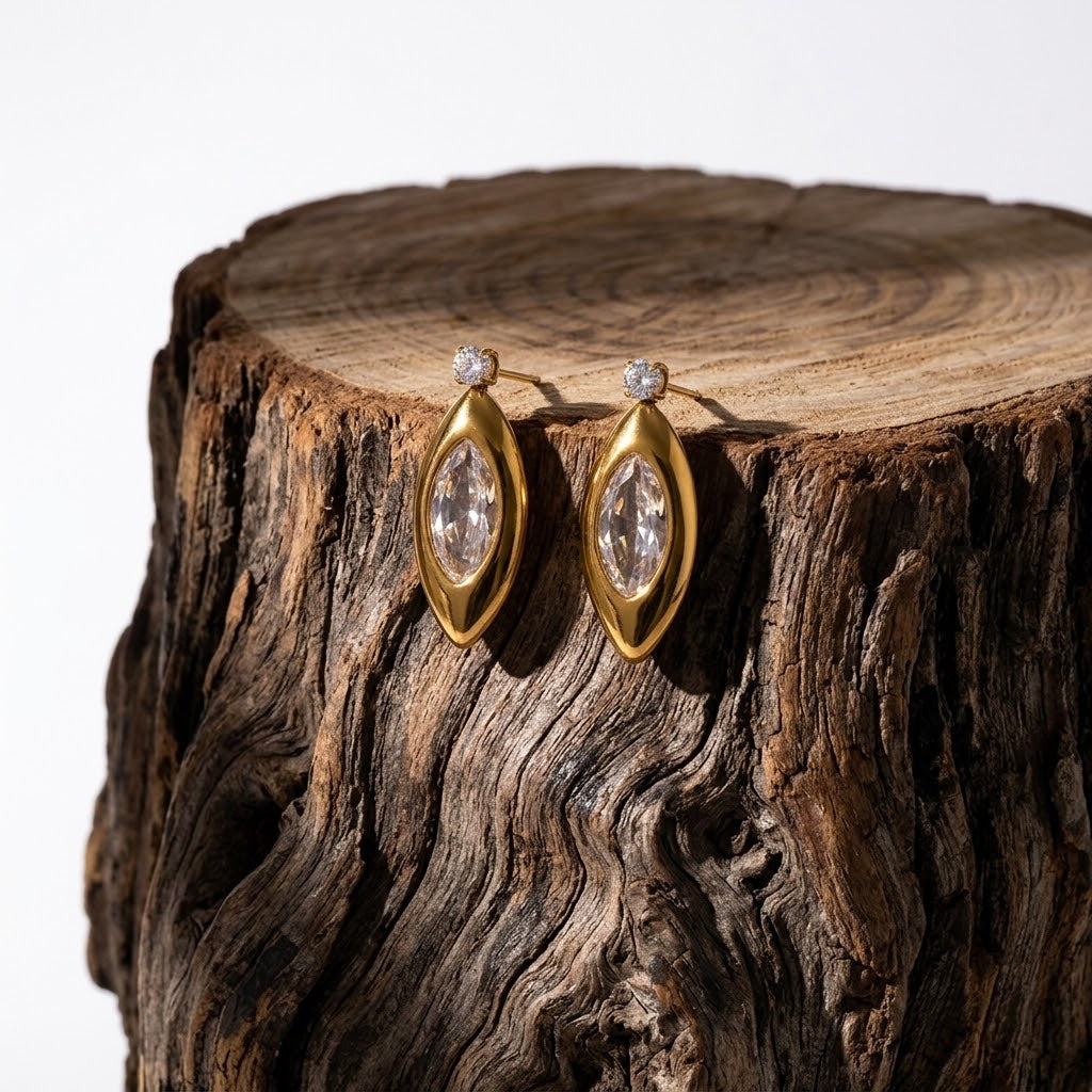 18K Gold Plated Oval Marquise Zircon Drop Stud Earrings