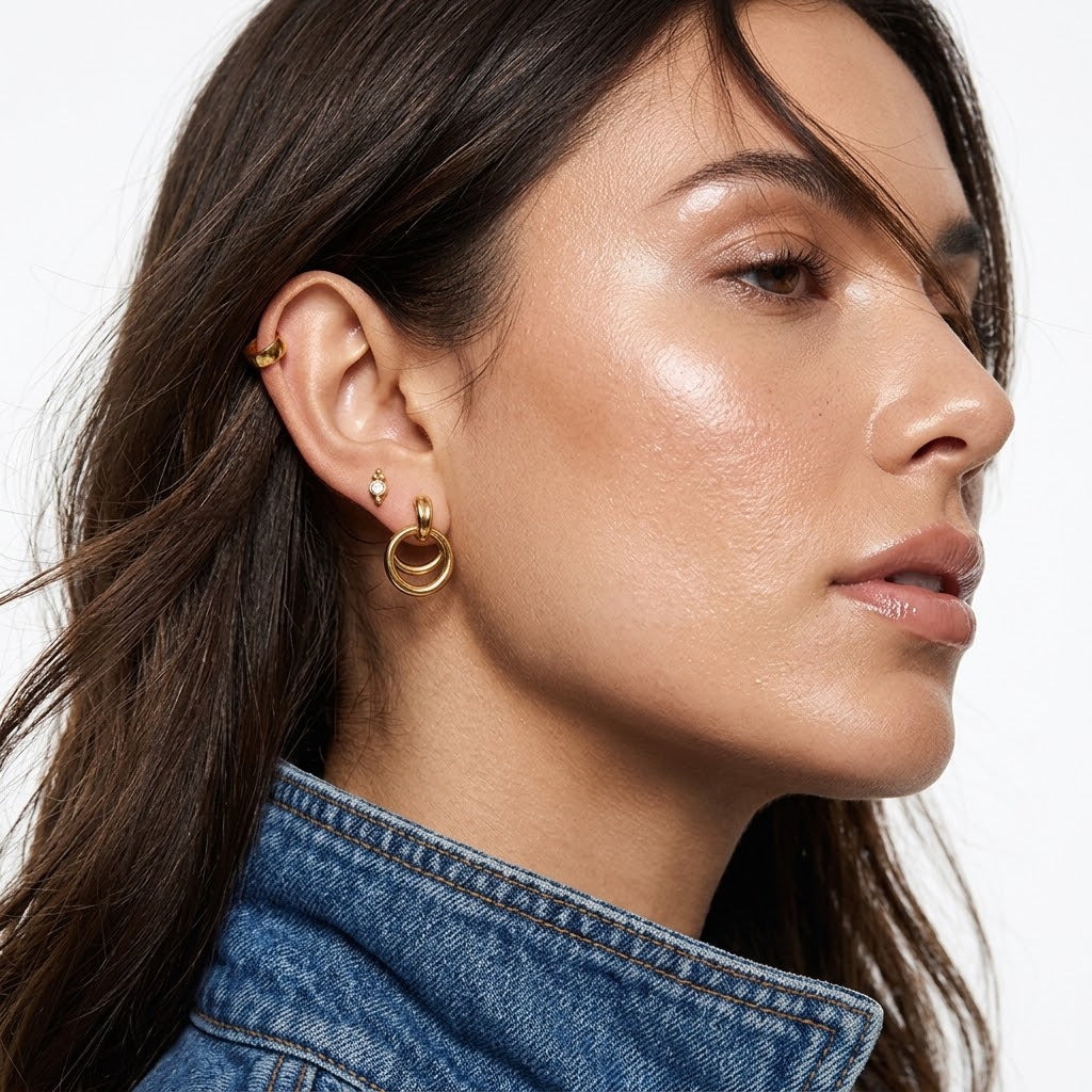 Tarnish-Free Stainless Steel Zircon & Double Hoop Ear Party Set