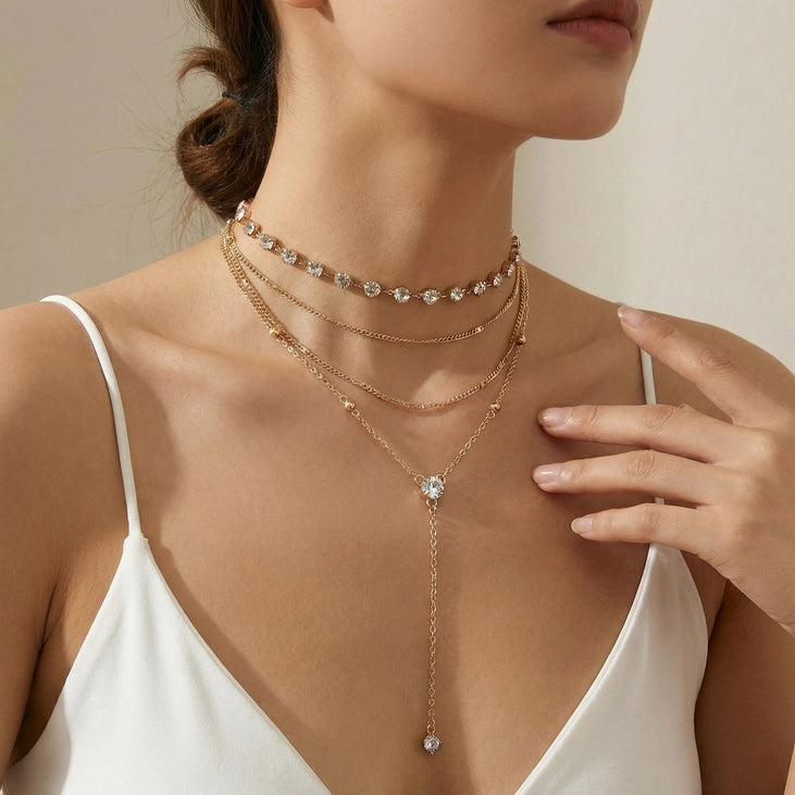Layered Gold Chain Necklace with Crystal Accents
