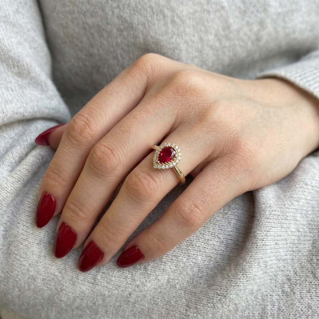 The Solis Crimson Teardrop Halo Ring