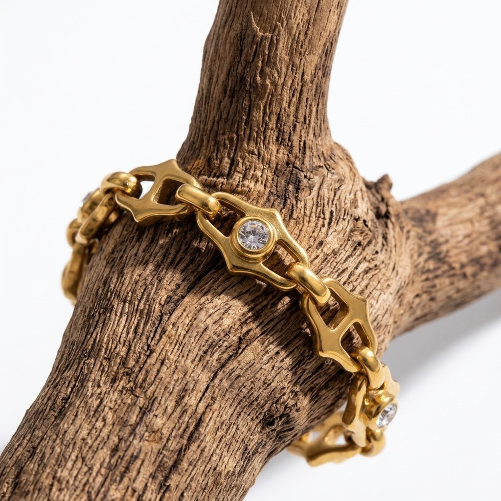 Abstract Coffee Bean Chain Bezel Crystal Bangle