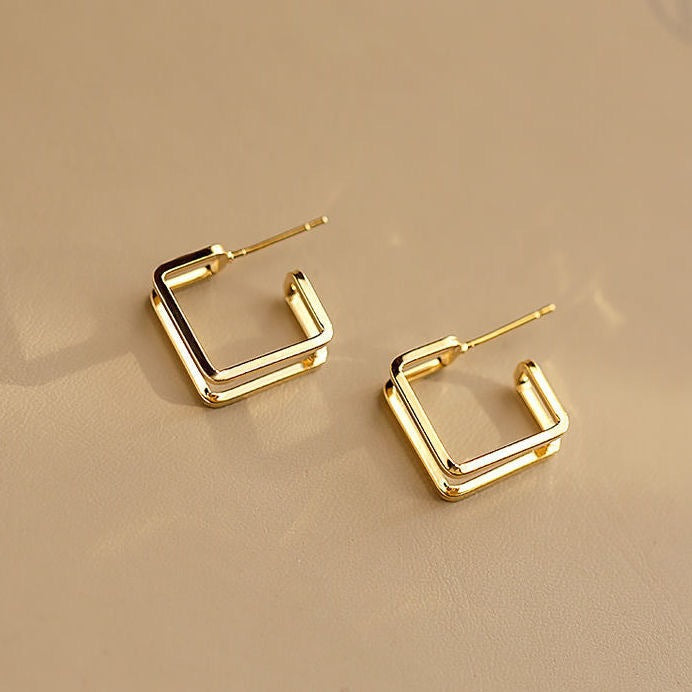 Aria Geometric Square Hoop Earrings - 14K Gold Finish Minimalist Design