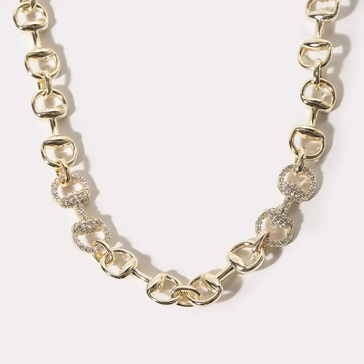 Gold Horsebit Cz Pave Link Necklace