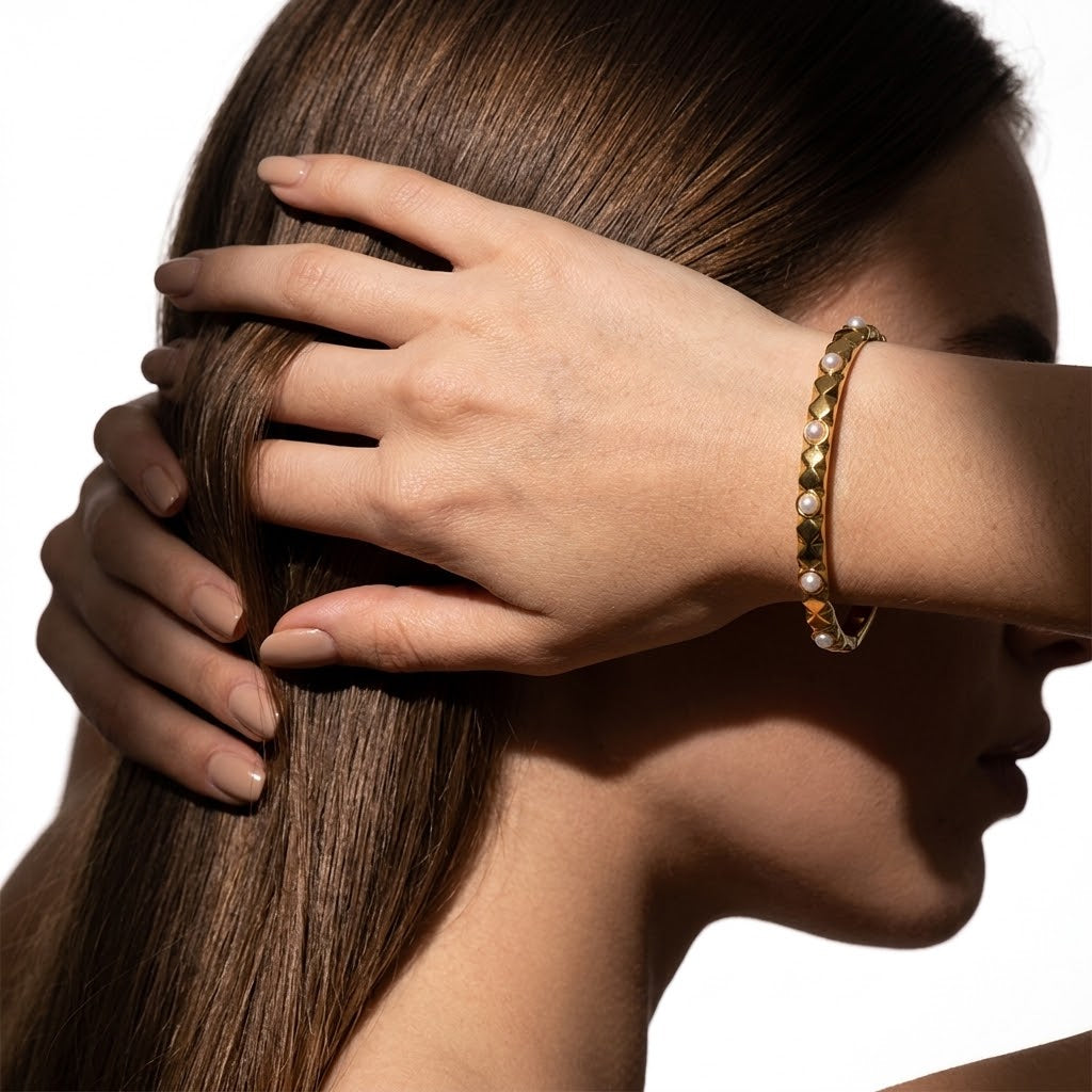 The Odette Studded Pearl Bangle | 18K Gold PVD