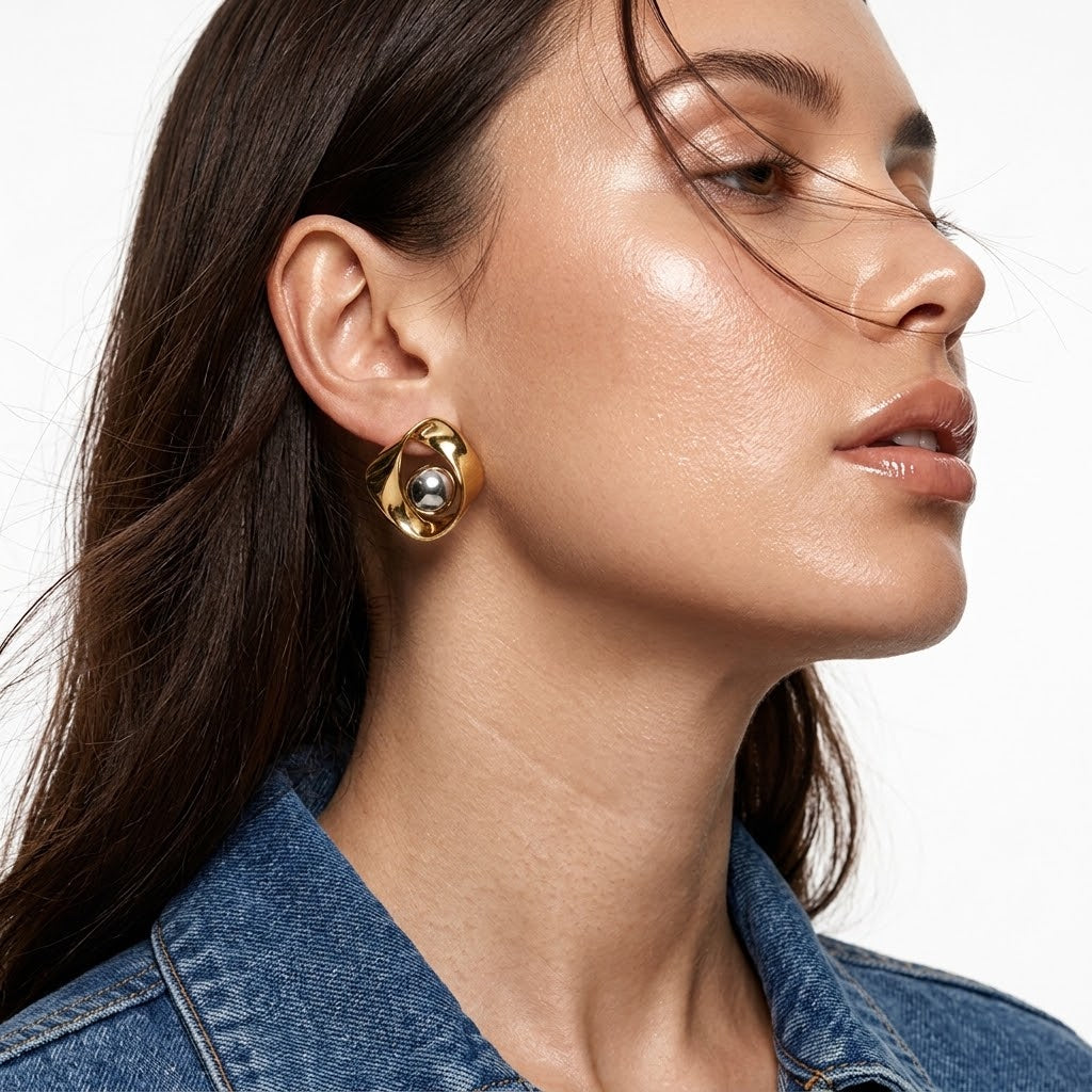 Tarnish-Free Stainless Steel Abstract Wave Two-Tone Earrings