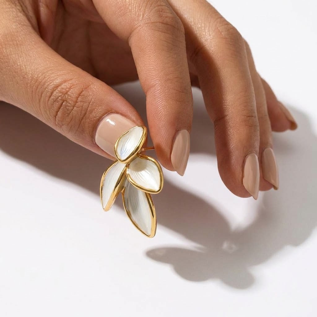 Stainless Steel Sculptural White Enamel Flower Earrings