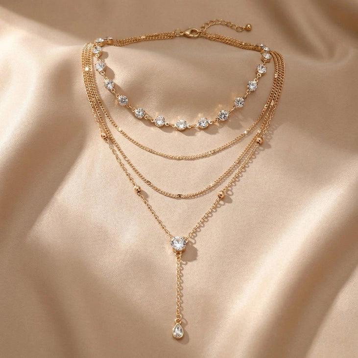 Layered Gold Chain Necklace with Crystal Accents
