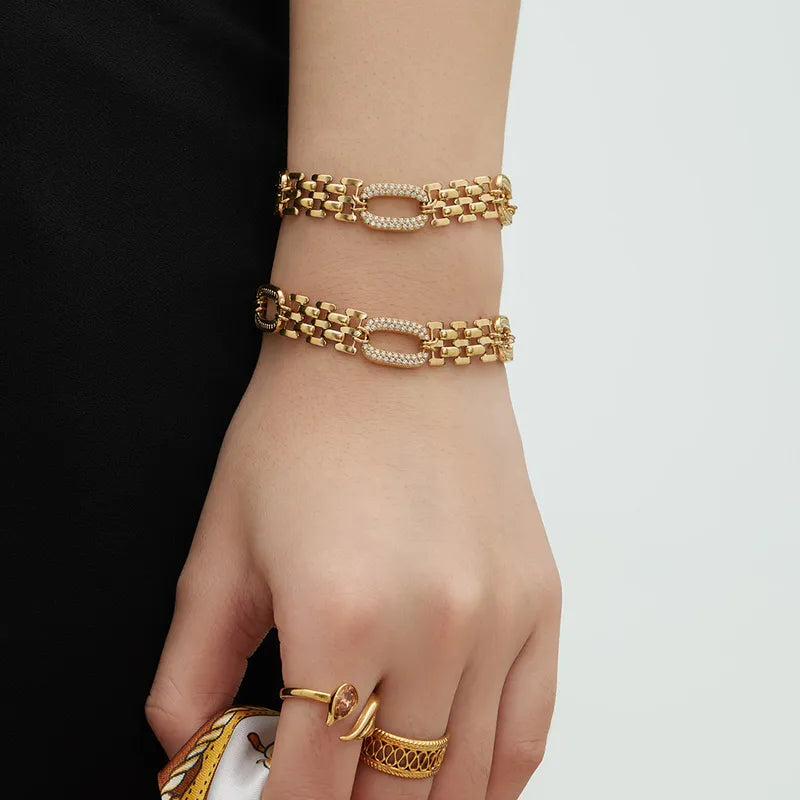 The Madison PVD Gold Plated Pave Oval Watch-Chain Bracelet