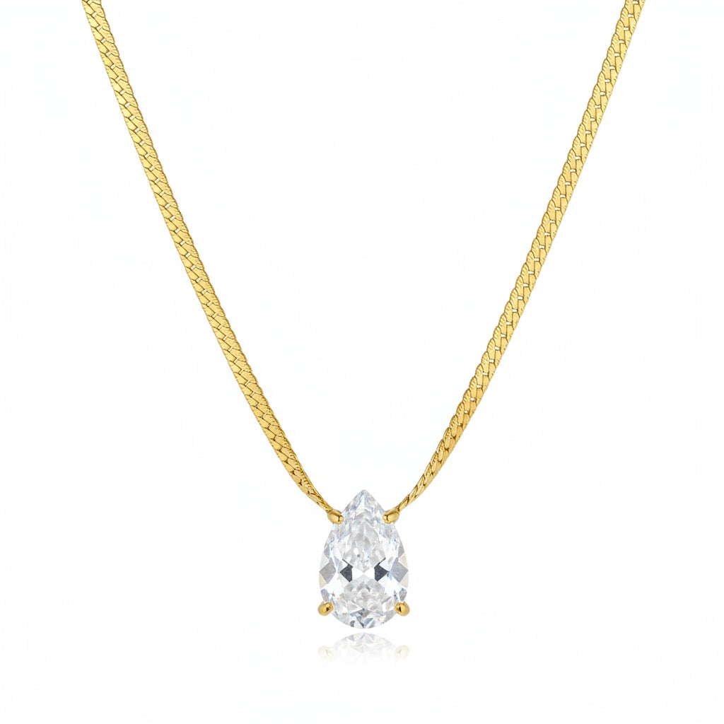 The Odette Liquid Gold Flat Chain Pear Crystal Necklace
