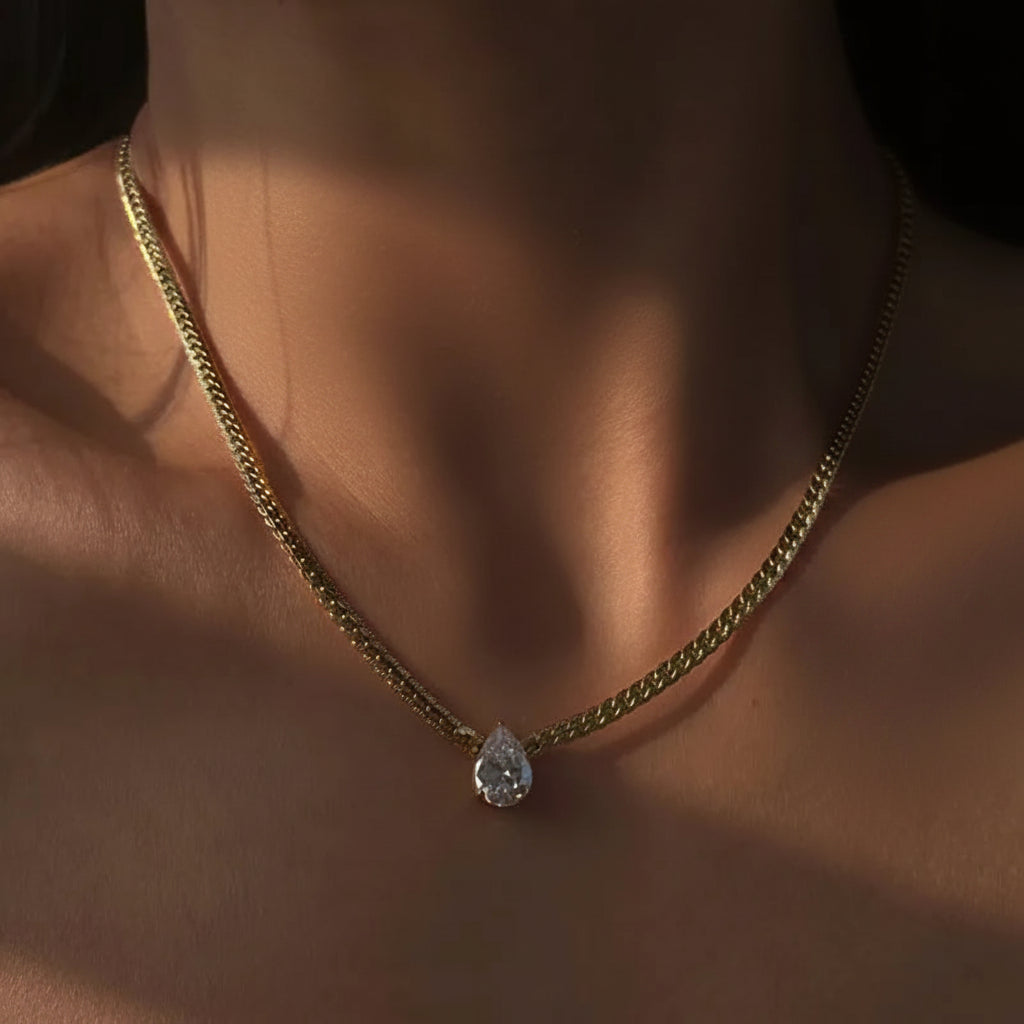 The Odette Liquid Gold Flat Chain Pear Crystal Necklace