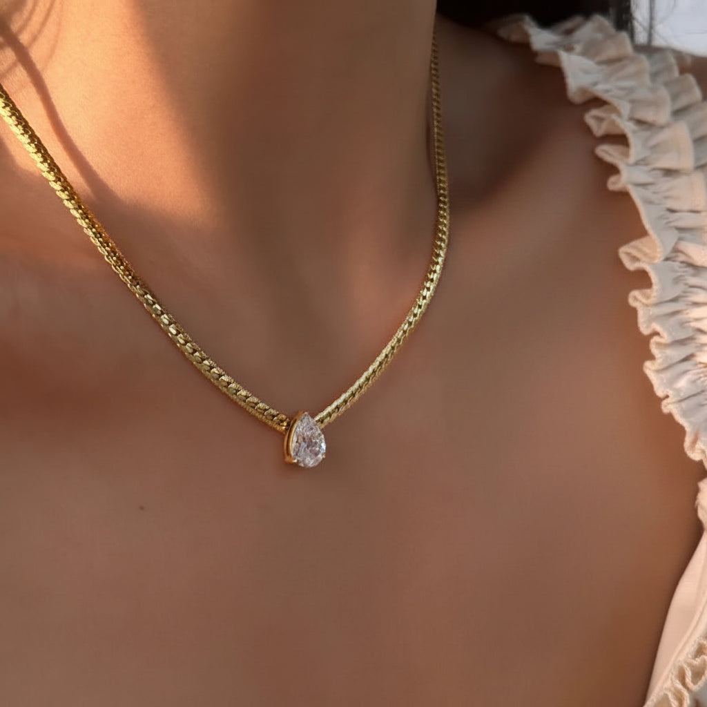 The Odette Liquid Gold Flat Chain Pear Crystal Necklace