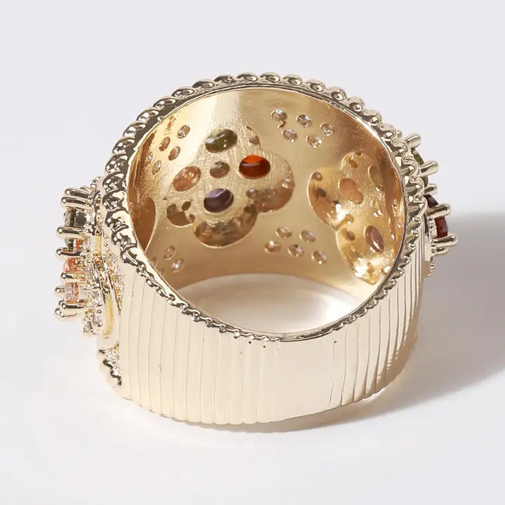 Colorful Cz Clover Wide Band Gold Plated Ring