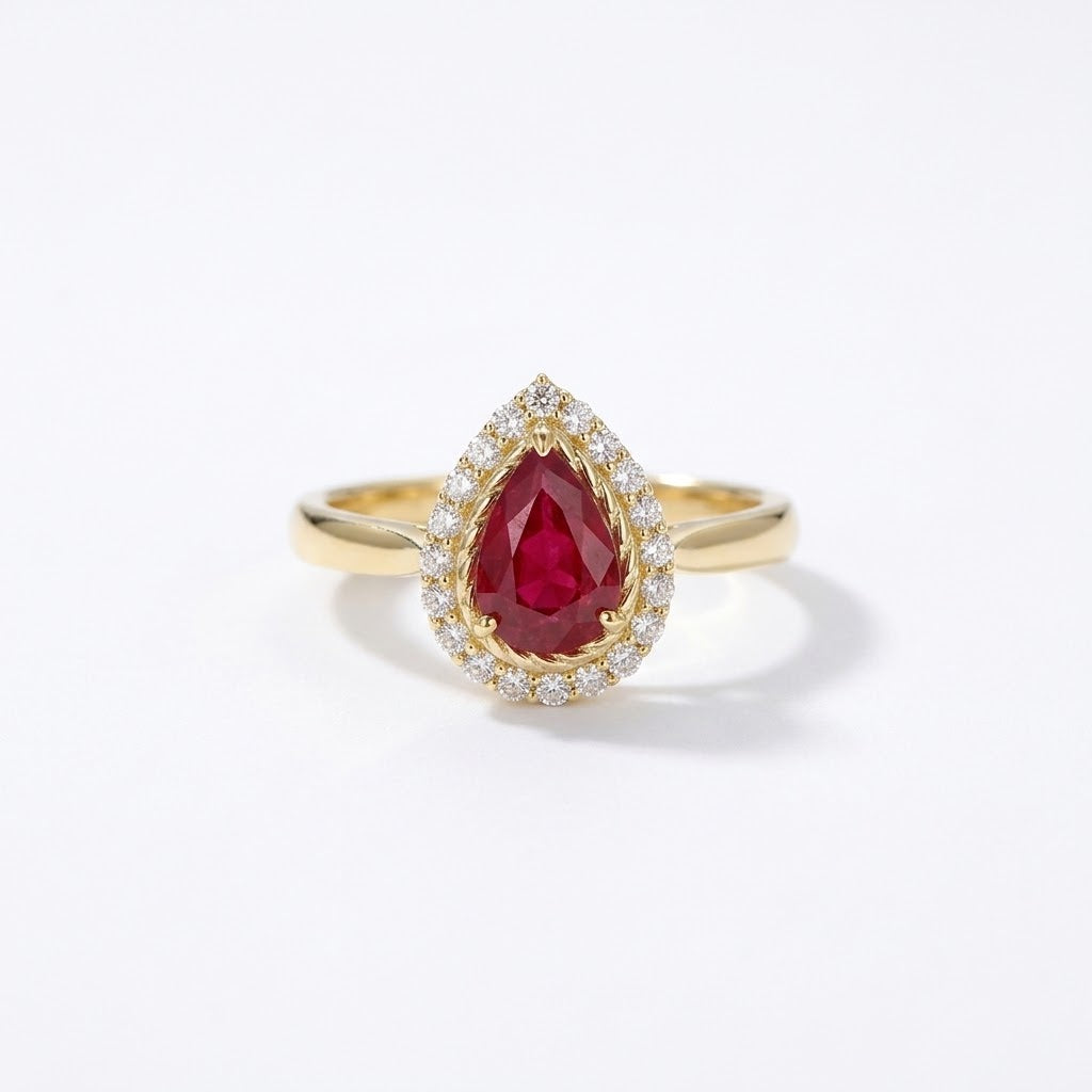 The Solis Crimson Teardrop Halo Ring