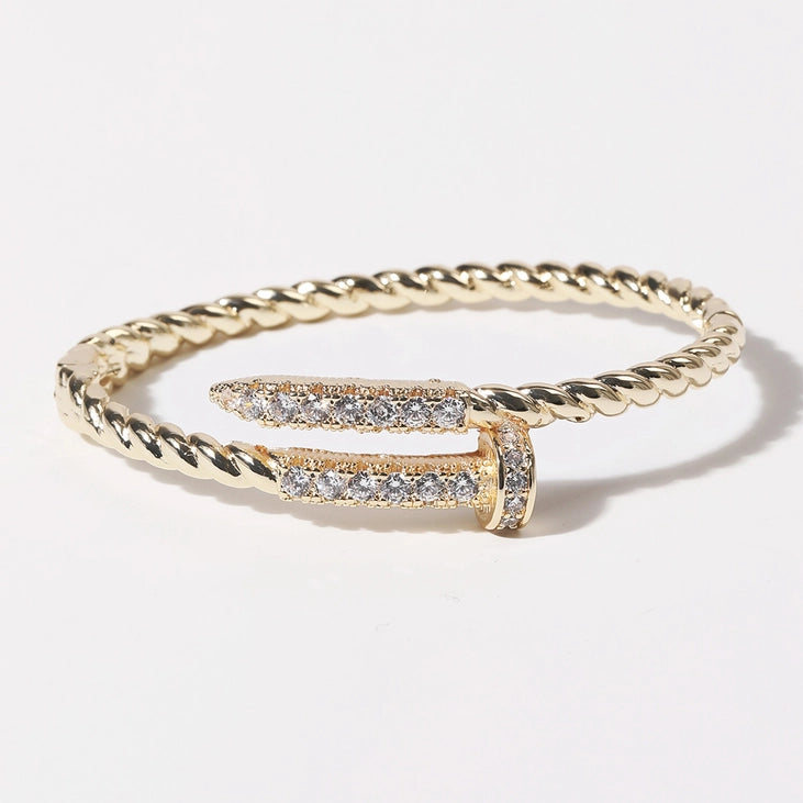 Cz Pave Edge Twisted Gold Plated Bangle Bracelet