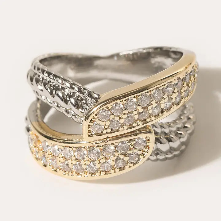Two Tone Cz Pave Crossover Ring