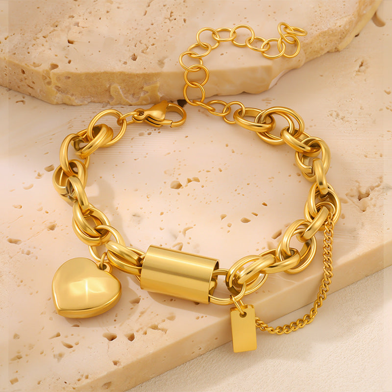 Amara Heart Charm Titanium Bracelet - Bold Link Design