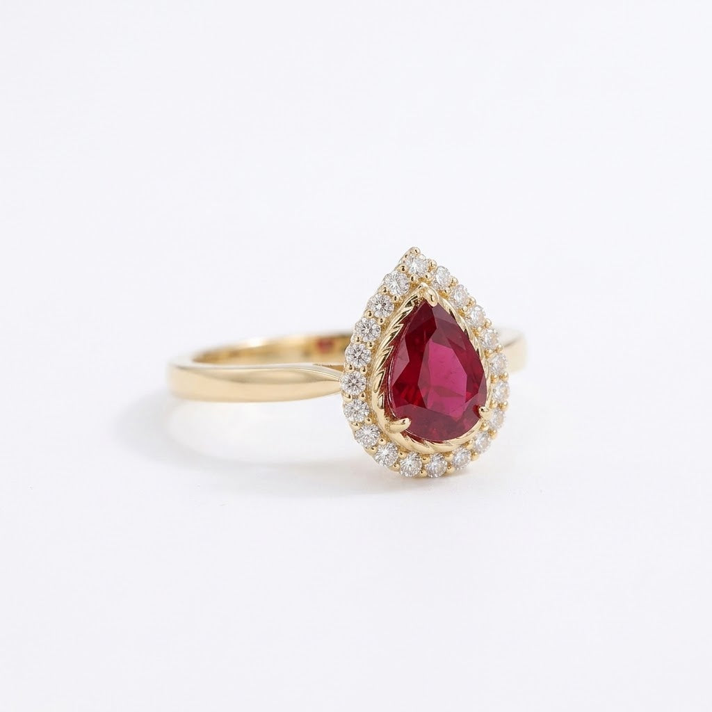 The Solis Crimson Teardrop Halo Ring