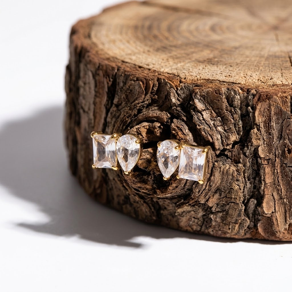 18K Gold Plated Zircon Cluster Stud Earrings Stainless Steel