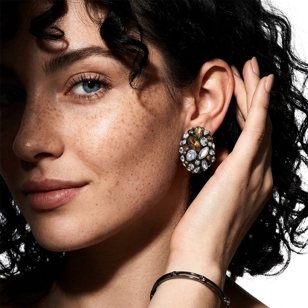The Victoria Antique Silver Zircon Oval Studs