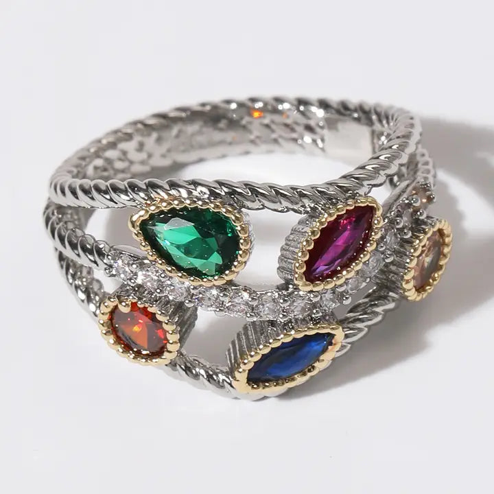 Geometric Shape Multi-Color Cz Gold Plated Ring