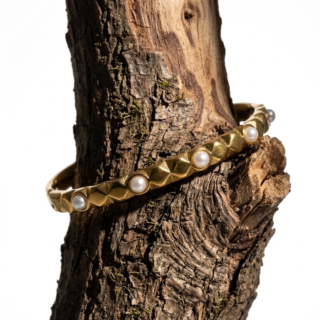 The Odette Studded Pearl Bangle | 18K Gold PVD