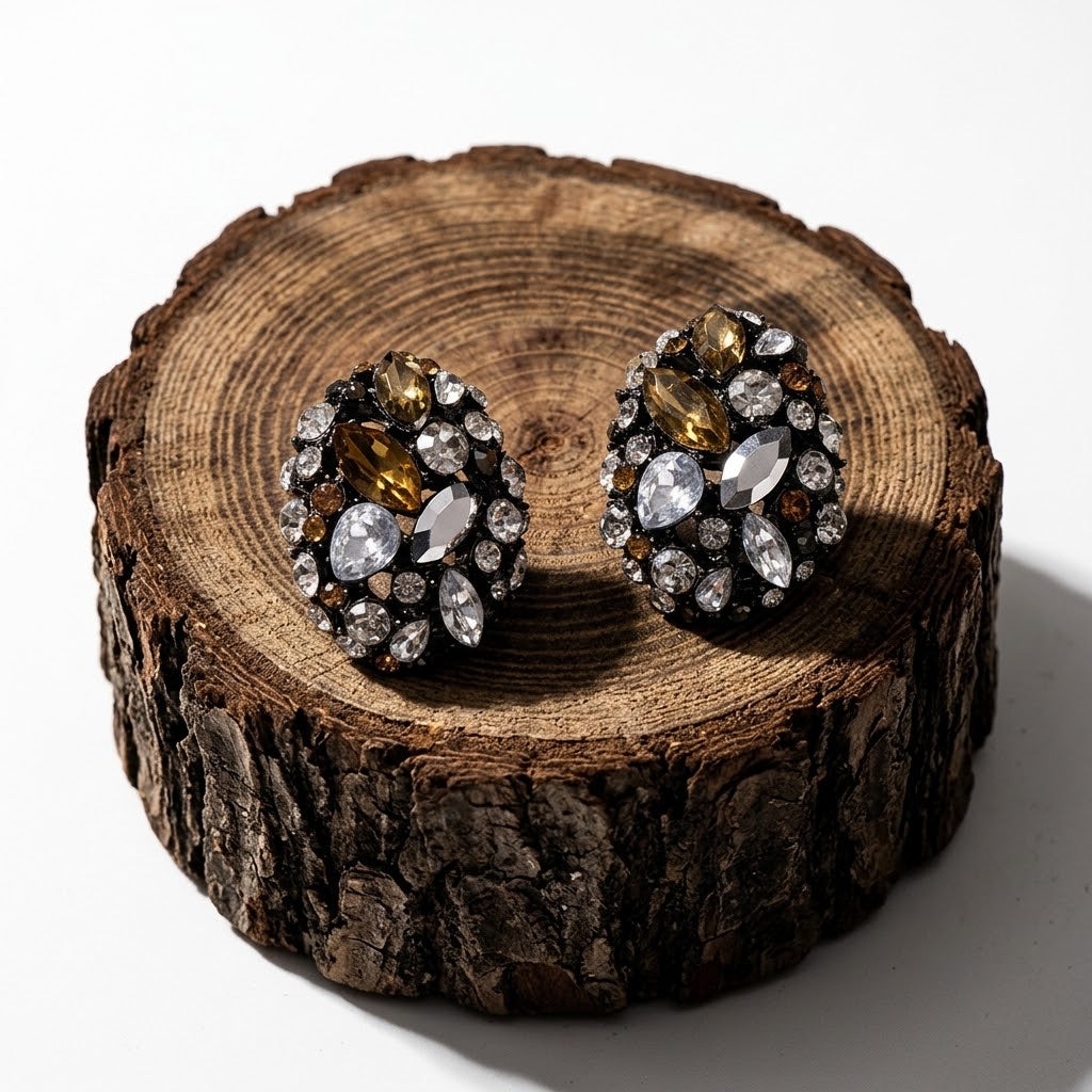 The Victoria Antique Silver Zircon Oval Studs