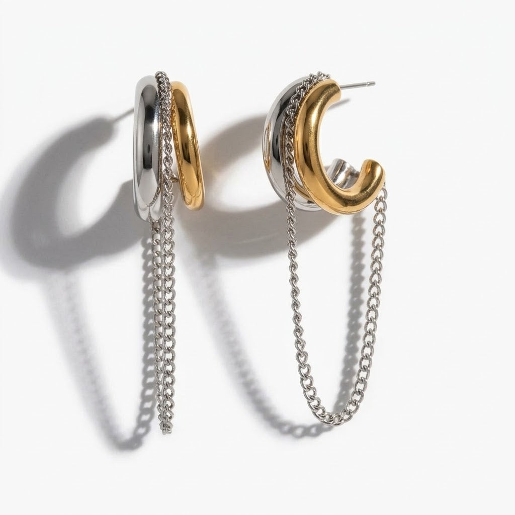 Stainless Steel Layered Loop Draping Chain Earrings