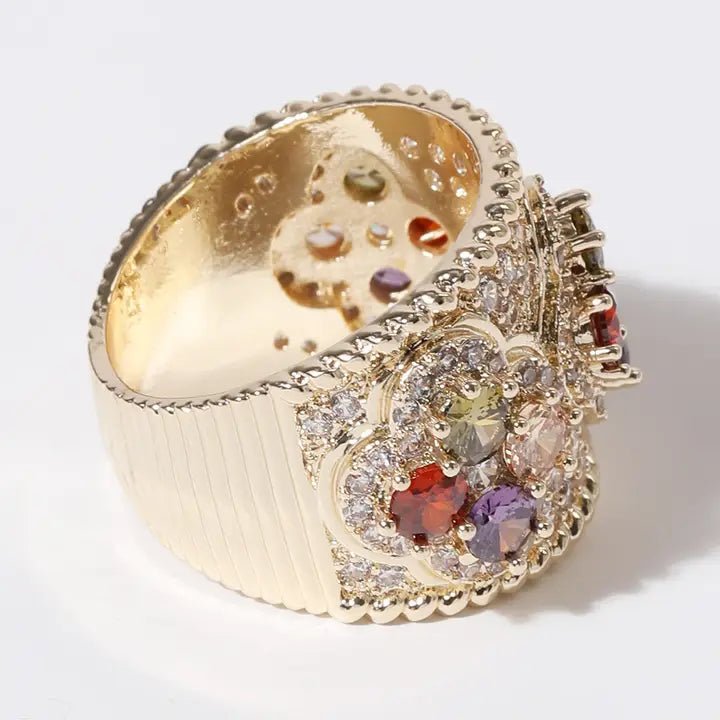 Colorful Cz Clover Wide Band Gold Plated Ring