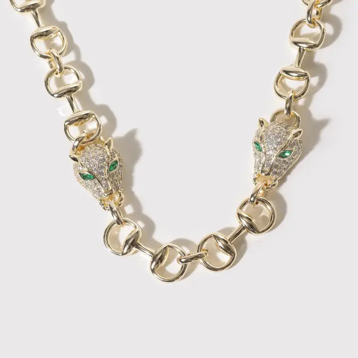 Gold Horsebit Cz Pave Panther Necklace
