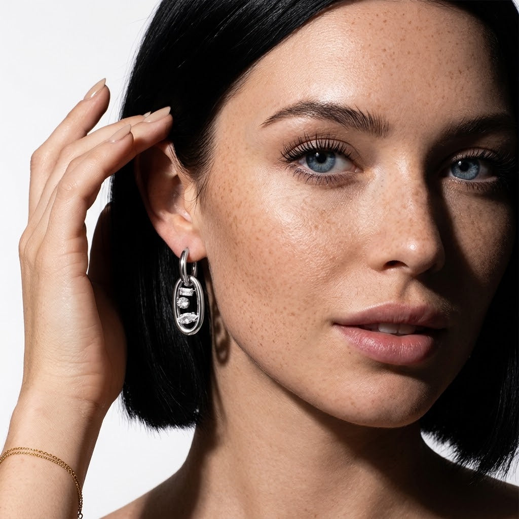 18K Gold Plated Claw-Set Zircon Oval Link Hoop Earrings Stainless Steel