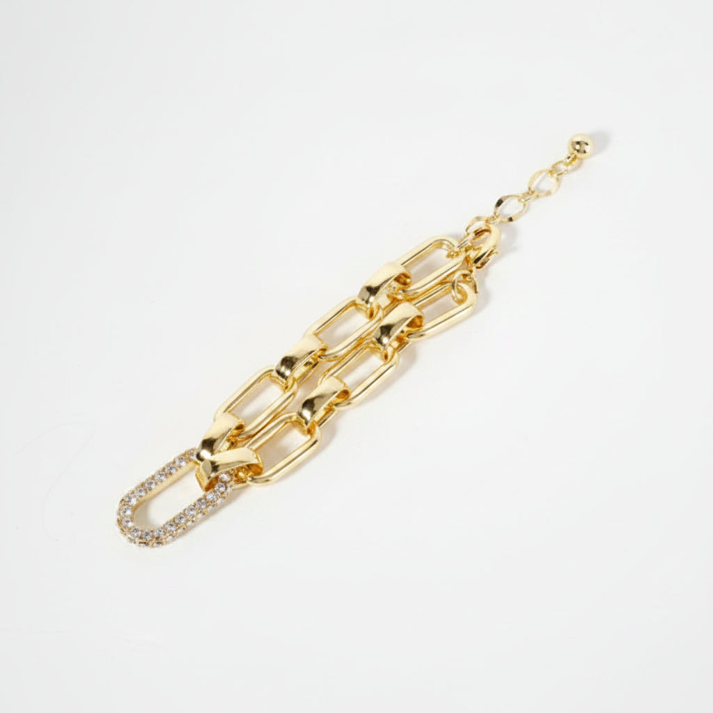 Cz Stone Encrusted Link Accents 18K-Gold-Dipped Polished Brass Chain Bracelet