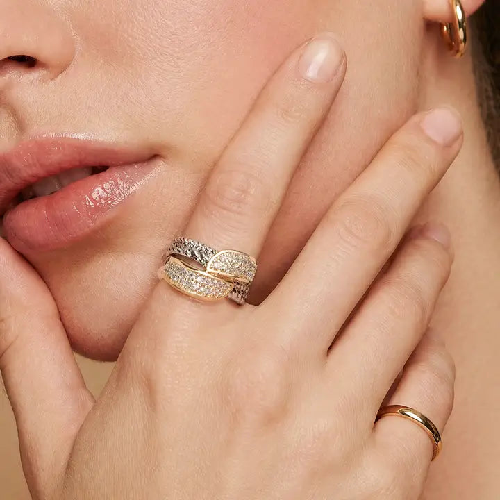 Two Tone Cz Pave Crossover Ring