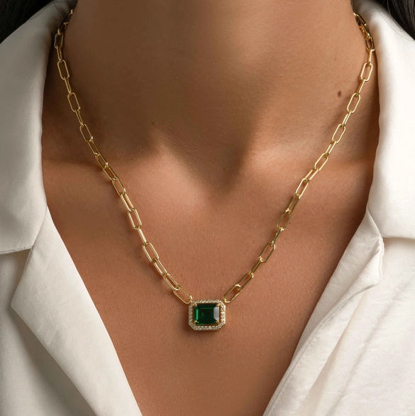Paperclip Emerald Pendant Necklace