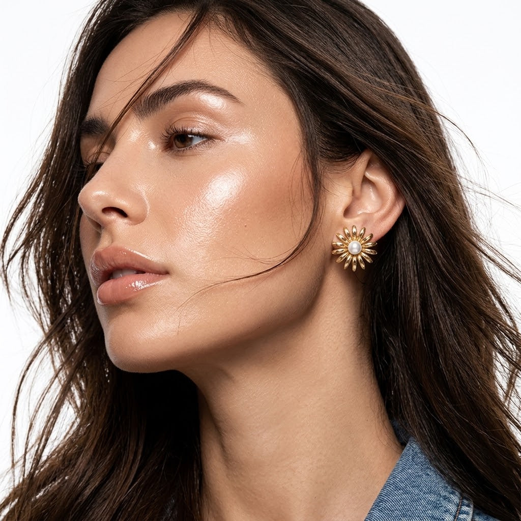 The Dahlia Vintage 18K Gold Plated Floral Pearl Studs