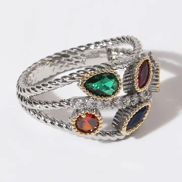 Geometric Shape Multi-Color Cz Gold Plated Ring