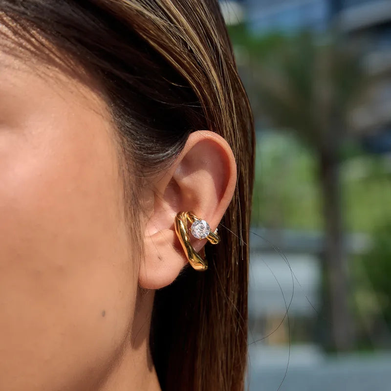 18K Gold Plated C-Shape Zircon Ear Cuff – Waterproof Chunky Clip-On Earrings