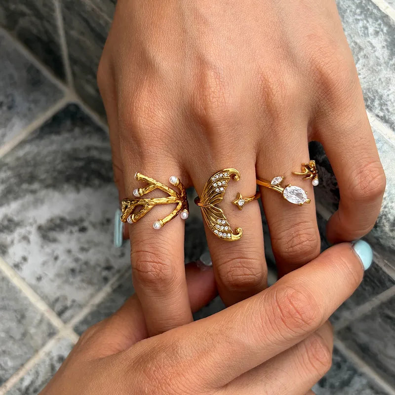 Tarnish-Free Stainless Steel Pearl & Zircon Siren Open Ring