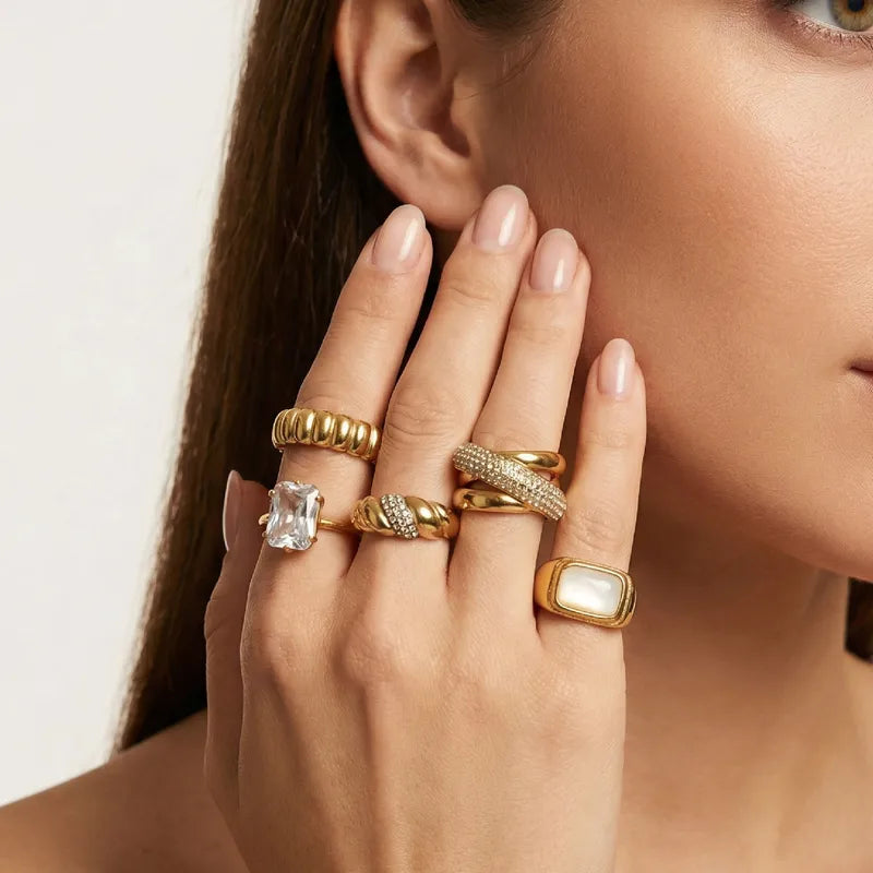 Tarnish-Free Stainless Steel Floating Dual-Crystal Open Bypass Ring