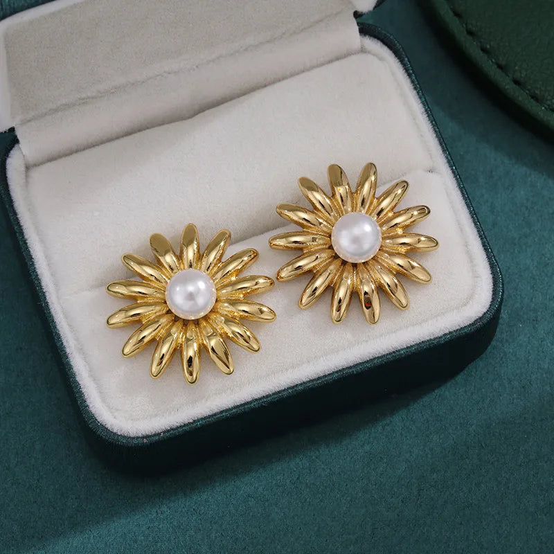 The Dahlia Vintage 18K Gold Plated Floral Pearl Studs