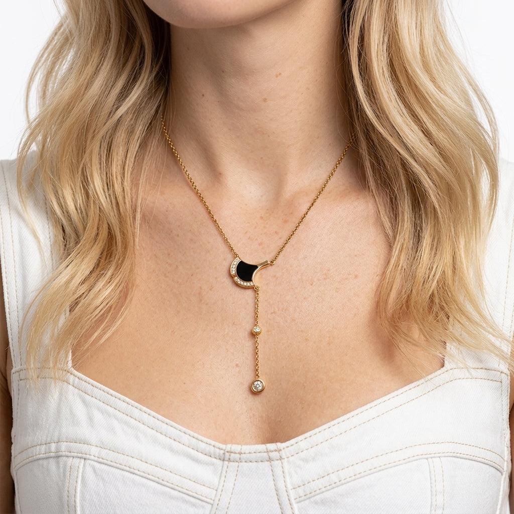 The Noir Ginkgo Crystal Drop Y-Necklace