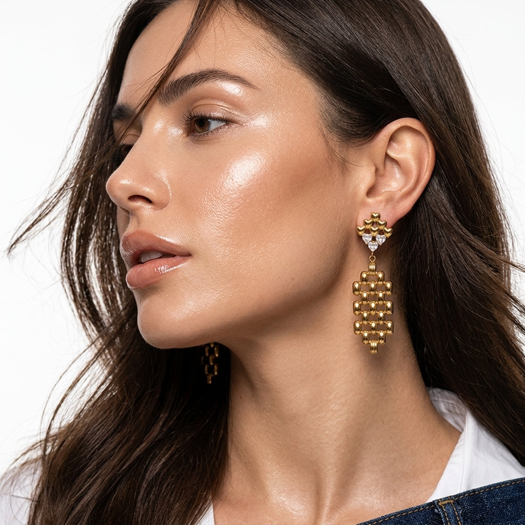 Modern Textured Mesh Statement Drop Earrings with Sparkling Zircon