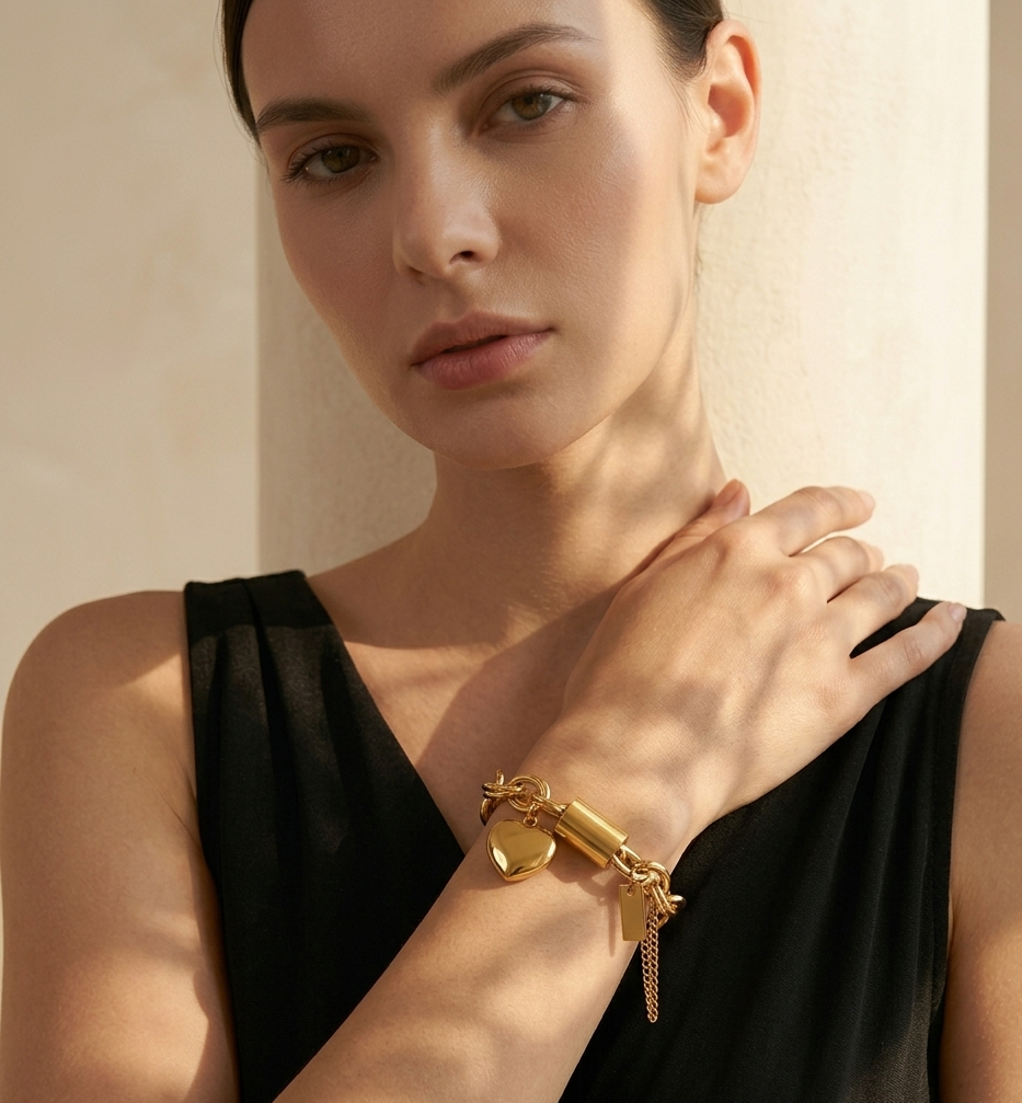 Amara Heart Charm Titanium Bracelet - Bold Link Design