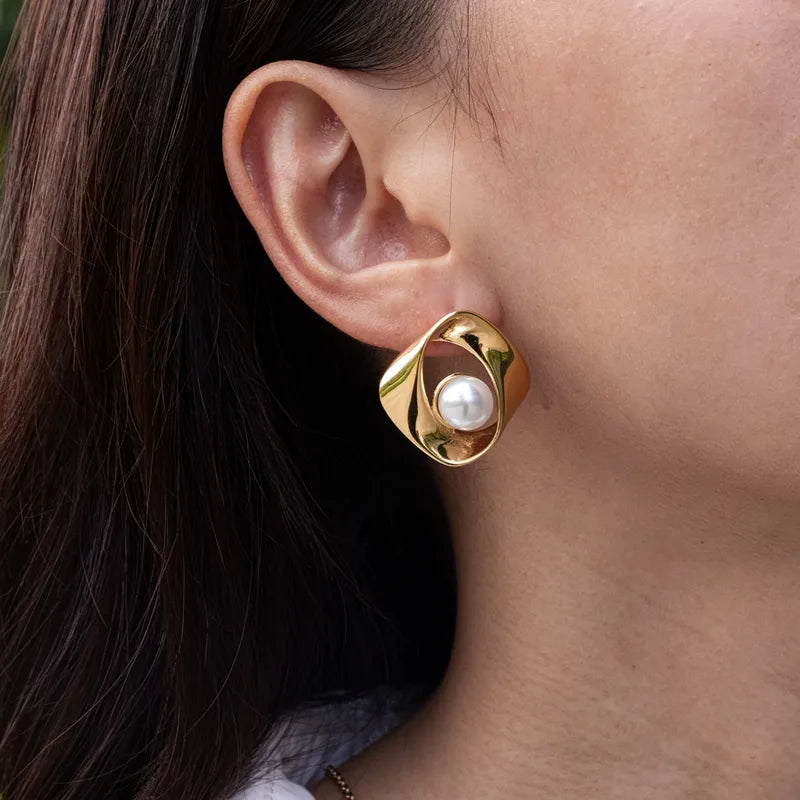 Tarnish-Free Stainless Steel Abstract Wave Two-Tone Earrings