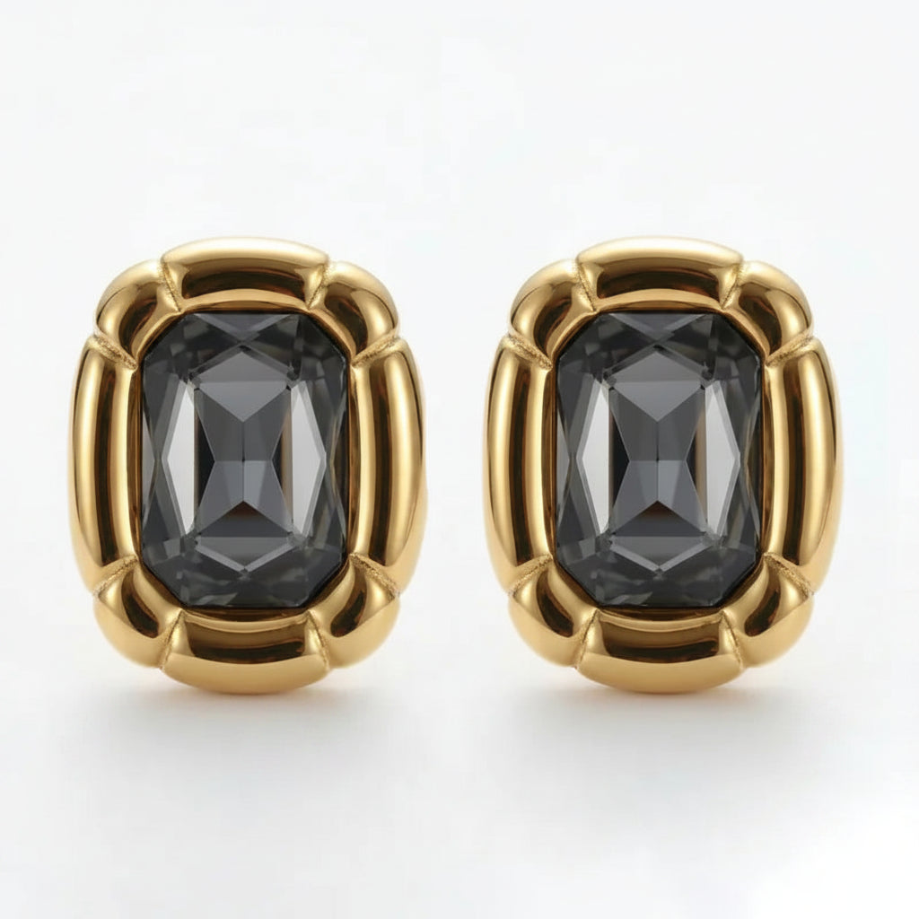 Tarnish-Free Stainless Steel Smoky Emerald-Cut Glass Earrings