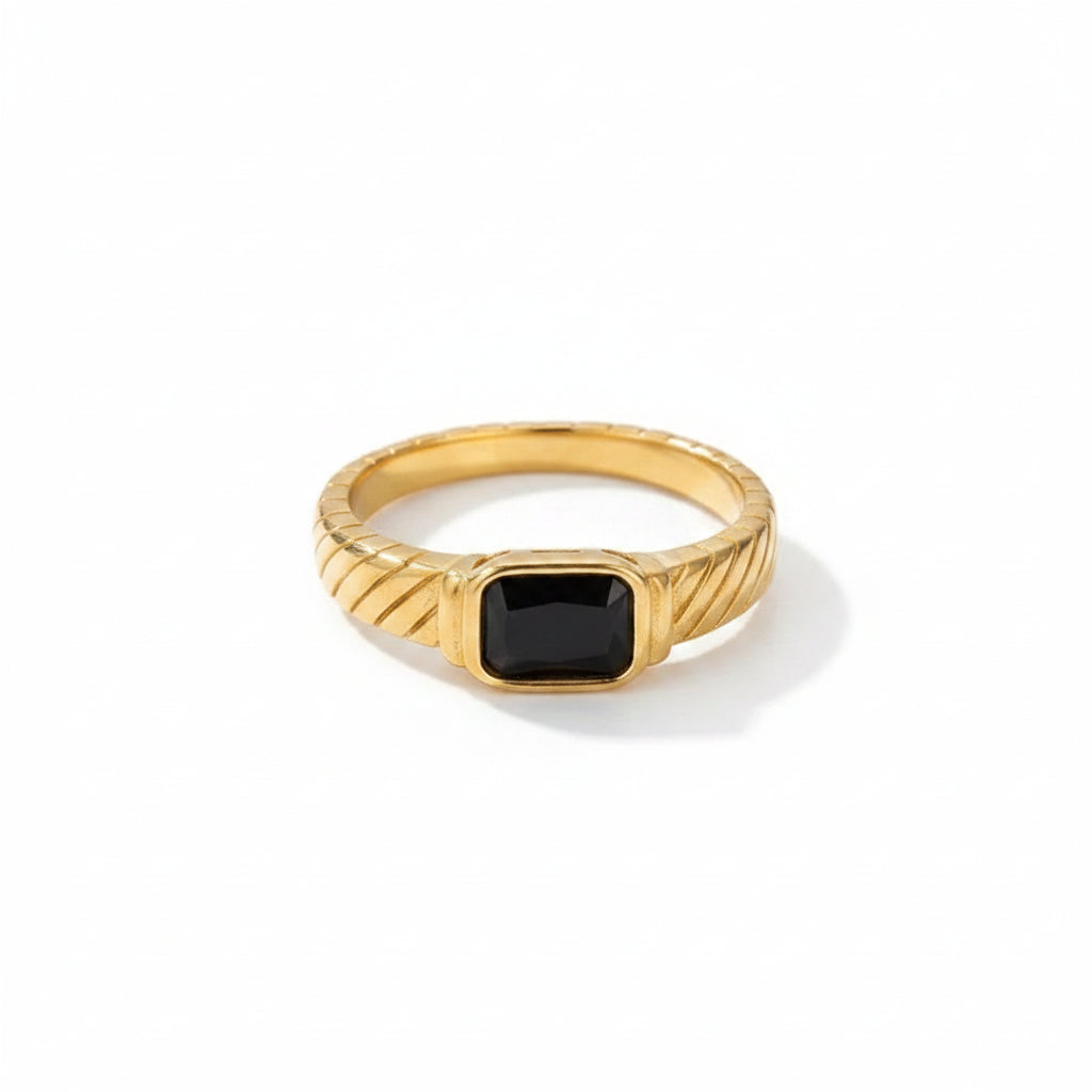 The Diana Gold PVD Coated Rectangular Black Onyx-Style Ring