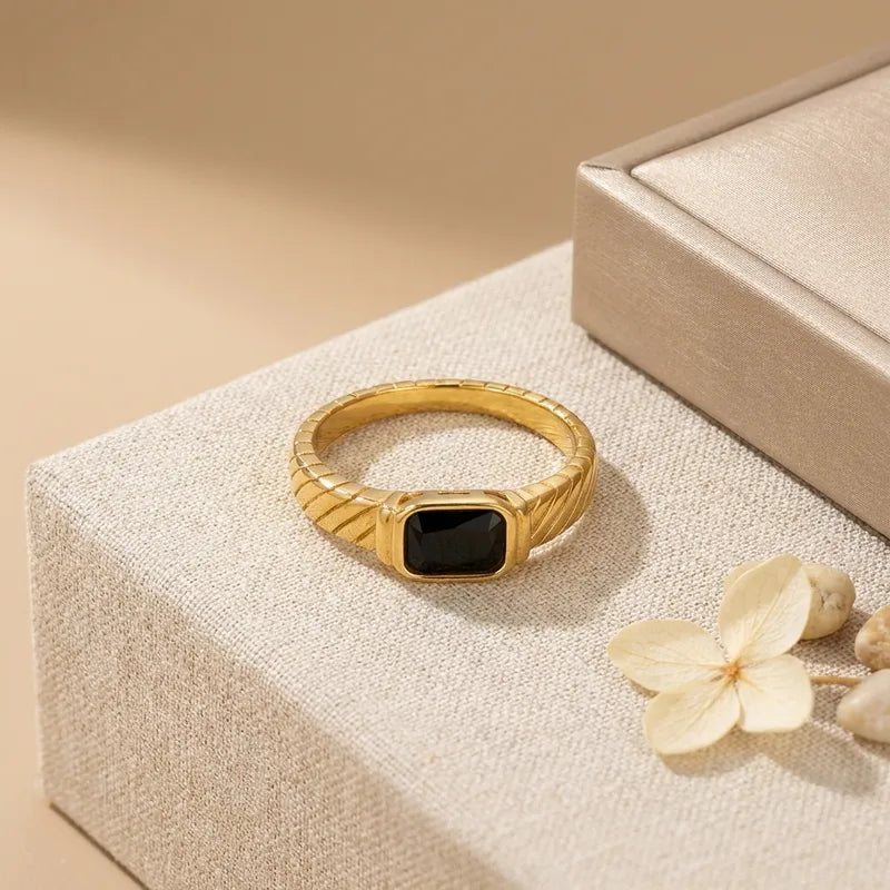 The Diana Gold PVD Coated Rectangular Black Onyx-Style Ring