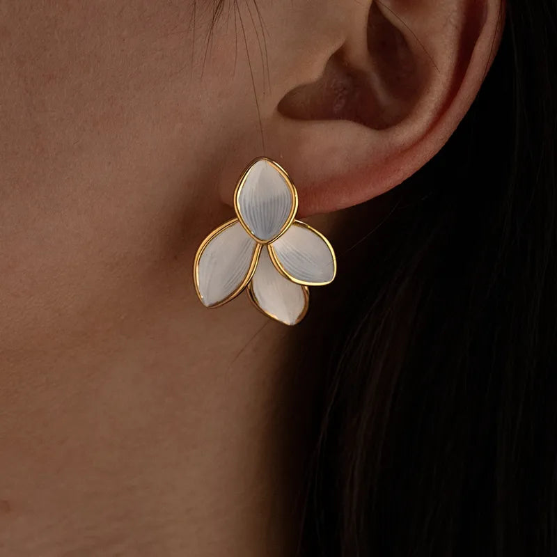 Tarnish-Free Stainless Steel Sculptural White Enamel Flower Earrings
