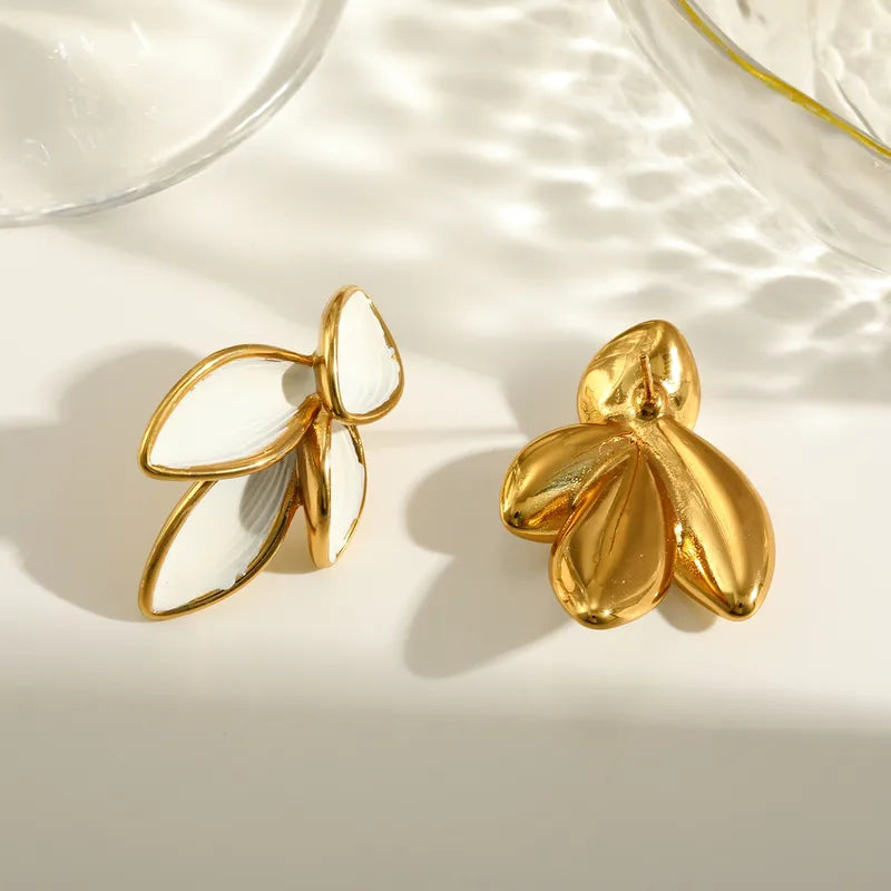Tarnish-Free Stainless Steel Sculptural White Enamel Flower Earrings